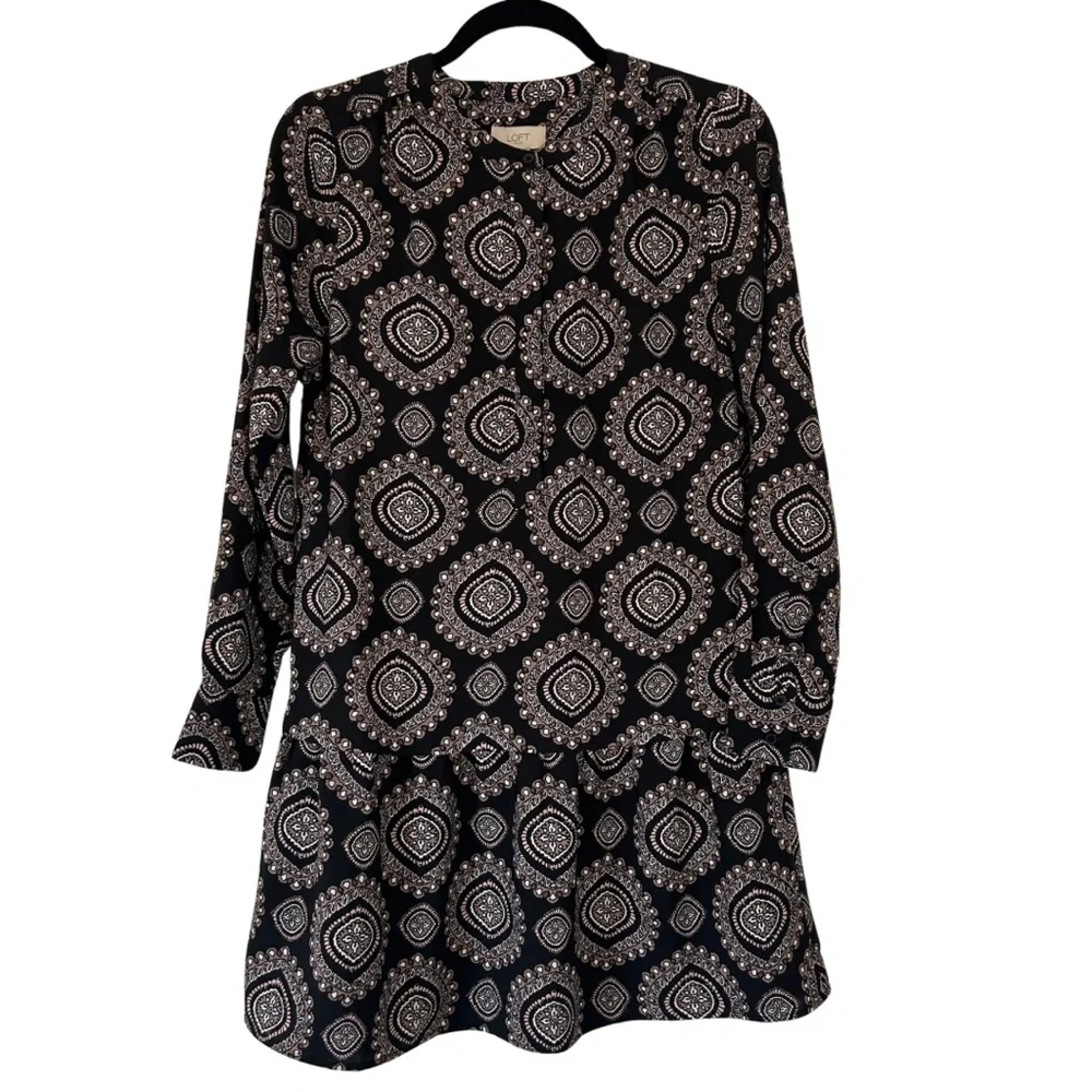 LOFT Dress Mini Long Sleeve Black Brown Paisley Shift Drop Waist XS - Picture 1 of 6